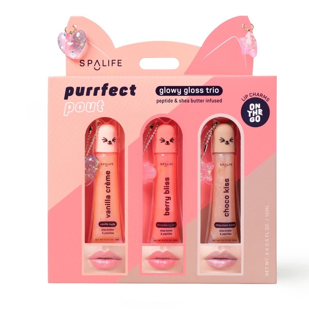 SpaLife Purrfect Pout Glowy Gloss Trio Peptide Shea Butter Lip Gloss Set 3 Pack